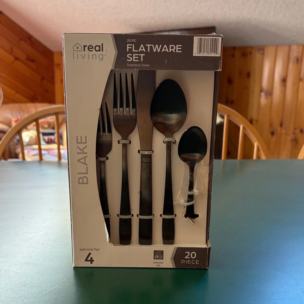 NIB Real Living Blake Black Flatware Set - 20 Piece